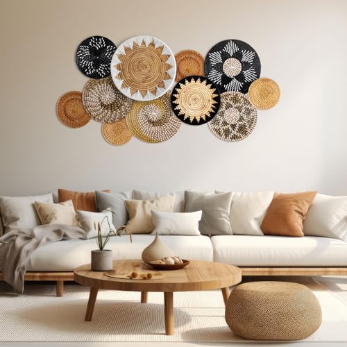 11 Pcs Boho Hanging Wall Basket Decor Handmade Woven Basket Wall Decorative Boho Wicker Baskets Placemats Round Farmhouse Bulrush Art for Rustic Home Decorations Christmas Gift(Stylish) - style: Stylish