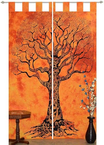 Indian Tie Dye Tree of Life Tapestry Mandala Window Curtain Bedroom Window Valances Hippie Girls, Boys Room Divider 1 Pair Balcony Wall Panel 82 x 26 Inches Sun Protection Curtains - color: Orange, size: 52"W x 82"L (Pack of 1)