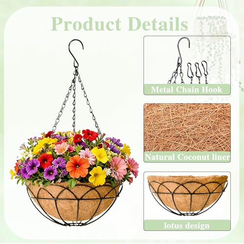 EIMQUVW 4-Pack Outdoor Metal Hanging Baskets 14 Inches Black Round Flower Pot with Coconut Fiber Lining Decorative Wire Hanging Planter Suitable for Patios Gardens and Walls - size: 14 Inch, style: Lotus