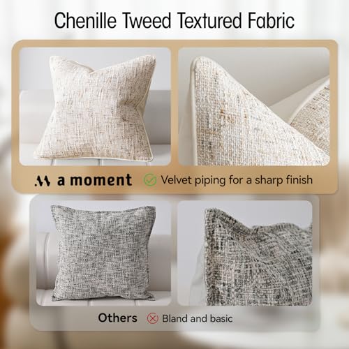 a moment Beige Reversible Pillow Covers 2 Pack - Farmhouse Chenille Throw Pillows, Neutral Textured Decorative Throw Pillow Covers with Border for Couch Sofa Bed (12x20 Inch, No Insert) - color: Beige, size: 20" x 12" (Pack of 2)