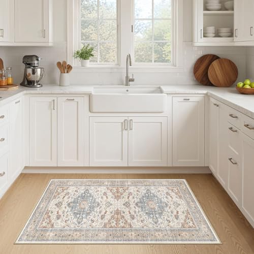 2x4 Rug Washable Runner Rug: Small Vintage Neutral Non-Slip Soft Accent Doormat Stain Resistant Floor Throw Mat for Entryway Kitchen Bedroom Nursery Entry Dorm- Beige Blue - color: Beige Blue, size: 2' x 4' (Runner)