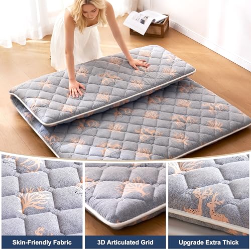 6th Generation Japanese Floor Futon Mattress - Extra-Thick 9-Layer Modern Futon with 100% High-Density Foam, Portable Floor Mattress Sleeping Pad for Adults, Guest Room, Dormitory, Twin Size(39"X75") - color: Christmas Deer, size: Twin(39"X75")