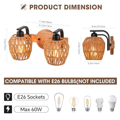 2-light Bathroom Lights Over Mirror,Rattan Vanity Light Fixtures,Farmhouse Boho Wall Sconce with Woven Cage,Rustic Boho Wall Mounted Light Wooden Vanity Lighting for Bedroom Living Room Hallway Foyer - color: 2light-Drum shade