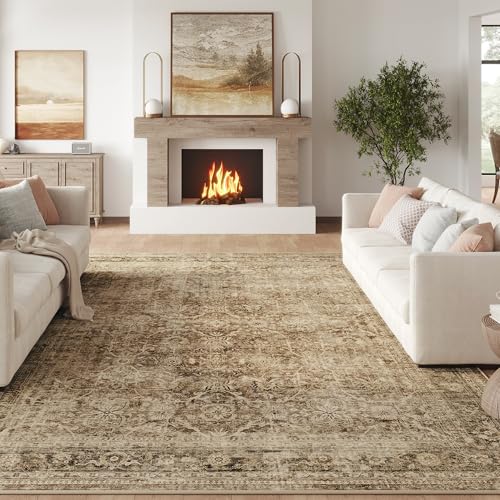 FMFUNCTEX 6x9 Washable Area Rug Brown Vintage Neutral Distressed Large Non Slip Carpet for Living Room Bedroom Soft Low Pile Indoor Mat Retro Floral Throw Rug for Dining Room Kitchen Office Nursery - color: Brown, size: 6' x 9' (Rectangular)