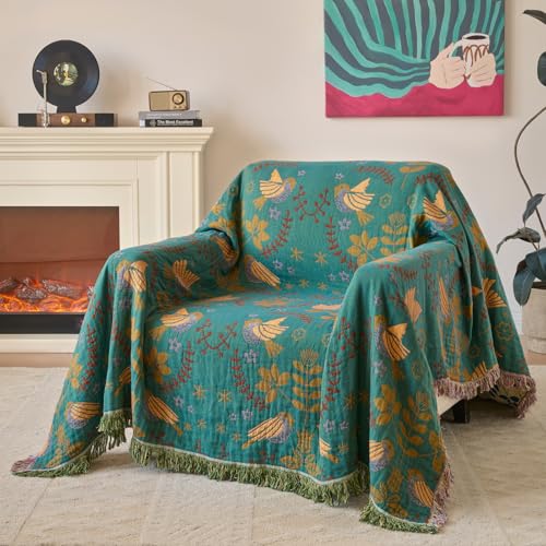 Boho Throw Blanket, Patterned Bohemian Blanket 100% Soft Cotton Woven Boho Quilt, Reversible Throw Blankets for Couch Bed, Decorative Lightweight Blanket for All Seasons (Spring Blue, Twin 60"x80") - size: Twin 60"x80"