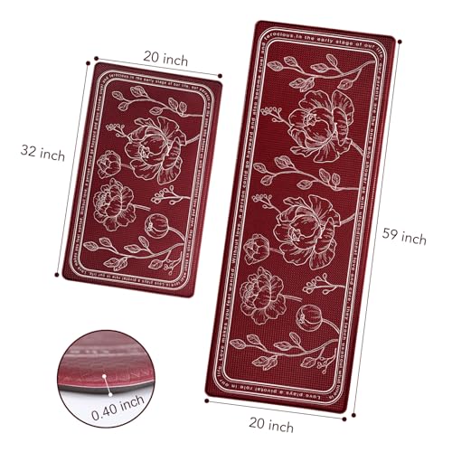 ROTTOGOON Kitchen Floor Mat Set of 2, Cushioned Anti Fatigue Kitchen Mat 20"x32"+20"x59", Non-Slip Waterproof Kitchen Rug, Premium PVC Comfort Kitchen Mats and Rugs for Kitchen, Office, Home, Laundry - color: Red, size: 20"x32"+20"x59"