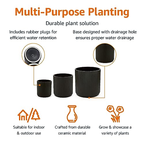 Amazon Basics Fluted Ceramic Planters for Indoor Outdoor Plants, Round Flower Pots with Drainage Hole, Set of 3, 6 inch, 8 inch, 10 inch, Black - color: Black, size: 6 inch, 8 inch, 10 inch