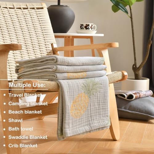 100% Cotton Muslin Throw Blanket Queen 90"x92", Vintage Indoor and Outdoor Use, Reversible and Breathable Fabric for Yard Picnics, Bedding or Chair Cover - color: Root={'value': "['Pineapple']"}, size: \'Queen (90" x 94")\'