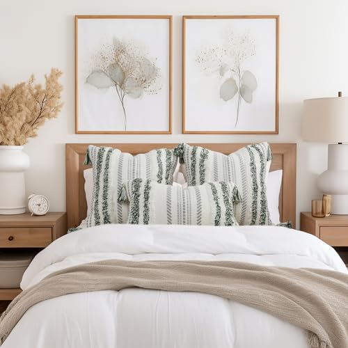 decorUhome Summer Decorative Boho Throw Pillow Cover 12x20, Lumbar Accent Neutral Textured Tufted Pillow Cover Striped for Couch Bed Sofa, Green and Cream White, Pack of 1 - color: Green and Cream White, size: 20" x 12" (Pack of 1)