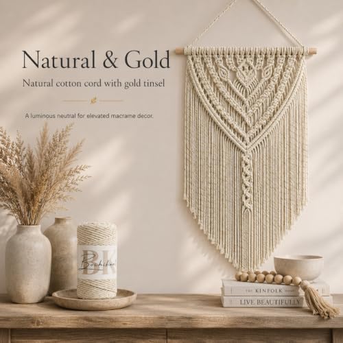 BOCHIKNOT Single Strand Macrame Cord 5mm x 160yds (150m) – Soft Cotton Macrame Rope for Beginners, Easy to Knot for Wall Hangings, Plant Hangers, Fringe and DIY Crafts (Natural & Gold) - color: Natural & Gold Metallic, size: (5mm x 146m) - Single Strand T