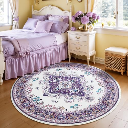 HOMORE Vintage Round Rug 4ft Washable Non Slip Circle Rugs 48inch Indoor Carpet for Bedroom Living Room Dining Room Kids Room Home Office Dorm,Purple - color: Purple, size: 4' (Round)
