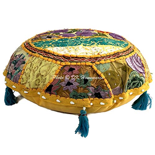 Round Ethnic Bohemian Floor Cushions for Kids Mango Yellow 18 Inch Patchwork Lounger Ottoman Stool Home Decor Embroidered Vintage Cotton Indian Floor Pillow Bed 18x18