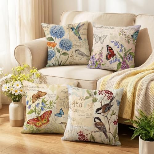 wyooxoo Farmhouse Pillow Covers 20x20 Set of 4 Spring Summer Throw Pillow Covers Linen Flower Butterfly Bird Decorative Pillowcases for Sofa Couch Living Room Outdoor - color: Color C, size: 20" x 20" (Pack of 4)