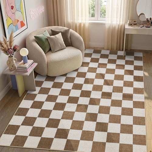 GarveeHome Checkered Terracotta Brown 4x6 Washable Rug Geometric Diamond Dot Modern Neutral Boho Soft Low-Pile Small Rug for Bedroom Nursery Living Room Entryway Non-Slip TPE Backing - color: Terracotta Brown, size: 4' x 6' (Rectangular)