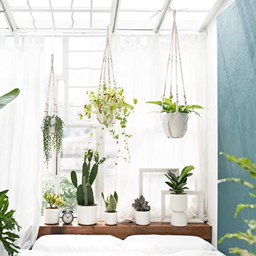 Mkono 3 Pack Macrame Plant Hangers Indoor Different Size Hanging Planter Basket Flower Pot Holder with Beads No Tasselss 43"/35"/29", Large, Ivory - color: Ivory, size: Large