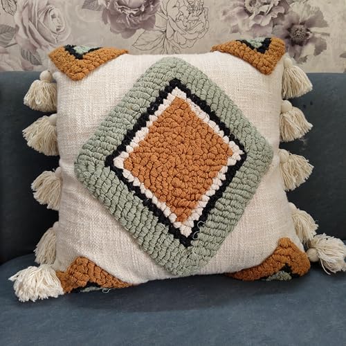 Boho Decorative Throw Pillow Cover, Cream, Tufted Diamond Pattern with Tassels, Square, Bohemian Style