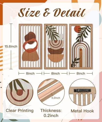 Putuo Decor Boho Wall Art Set of 3, Modern Minimalist Wooden Wall Decor, Abstract Aesthetic Room Decorations, Mid-Century Modern Artwork for Living Room, Bedroom, Office Orange 16.5 x 8.6 inch - color: Orange