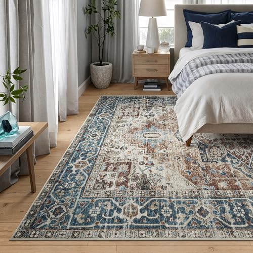 Bloom Rugs Washable Non-Slip 10x14 Rug - Terracotta/Blue Traditional Oriental Area Rug for Living Room, Bedroom, Dining Room, and Kitchen - Exact Size: 10' x 14' - color: Terracotta / Blue, size: 10' x 14' (Rectangular)