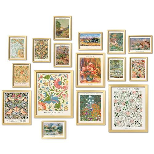 ANERZA 16 PCS Gold Framed Vintage Eclectic Wall Art Decor, William Morris Wall Prints for Bedroom, Gallery Wall Frame Set, Posters for Living Room Aesthetic, Collage Kit, Colorful Dorm Home Artwork - color: Multi, size: 12"x15" Framed
