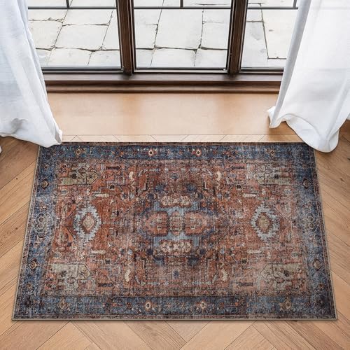 Bloom Rugs Washable Non-Slip 2' x 3' Rug - Terracotta/Blue Traditional Oriental Area Rug for Living Room, Bedroom, Dining Room, and Kitchen - Exact Size: 2' x 3' - color: Terracotta / Blue, size: 2' x 3' (Rectangular)