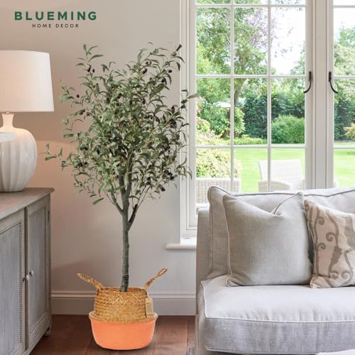 Blueming Large Wicker Planter Basket – 12 Inch Seagrass Plant Pot in Boho Orange for Olive Trees, Faux Plants, or Indoor Decor, Woven Baskets Basket for Living Room or Modern Home Styling - color: Orange, size: Large