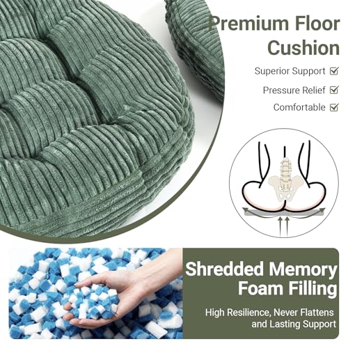 Large Floor Pillow for Adults, 22x22" Memory Foam Floor Cushion with Corduroy Cover, Round Floor Sitting Cushions for Meditation, Lounge,Seating for Yoga, Tatami Living Room (2, Round-Dark Green) - color: Round-dark Green