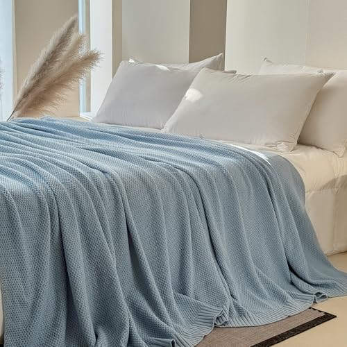 Simple&Opulence 100% Cotton Throw Blanket, Solid Color Cable Knitted Blanket Super Soft Comfortable Breathable Decorative Farmhouse for Couch Sofa Bed, All Season Use(Winter Blue,50x60) - color: Winter Blue, size: Throw 50x60"
