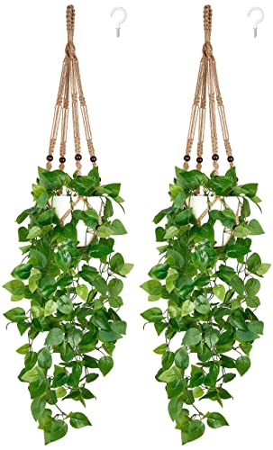 Mkono 2 Packs Fake Hanging Plant with Pot, Artificial Plants for Home Decor Indoor Macrame Plant Hanger with Faux Vine Hanging Planter Greenery for Bedroom Bathroom Office Decor, Brown (Pothos) - color: Brown