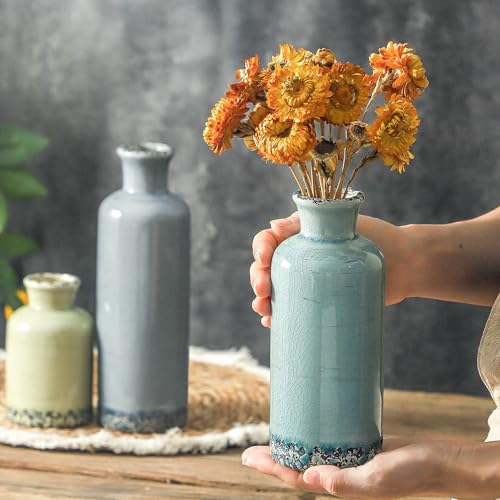 Flower Vase Set of 3, Ceramic Neutral Vases Home Decor, Pottery Rustic Farmhouse Decorative Vases Modern Decor for Table Mantel Entryway Bookshelf Living Room Kitchen Bedroom - Multicolor - color: 007 Rustic - Blue
