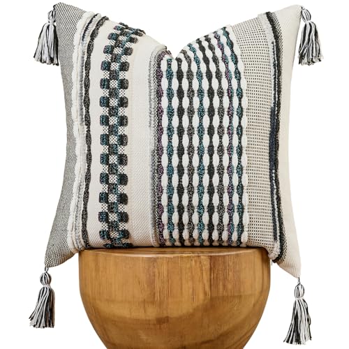 AmHoo Chenille Striped Textured Boho Throw Pillow Covers Aesthetic with Tassels Woven Decorative Pillow Case for Couch Bed Sofa Bedroom Modern Funky 18 x 18-Inch Black Multicolor - color: Black Multicolor, size: 18" x 18" (Pack of 1)