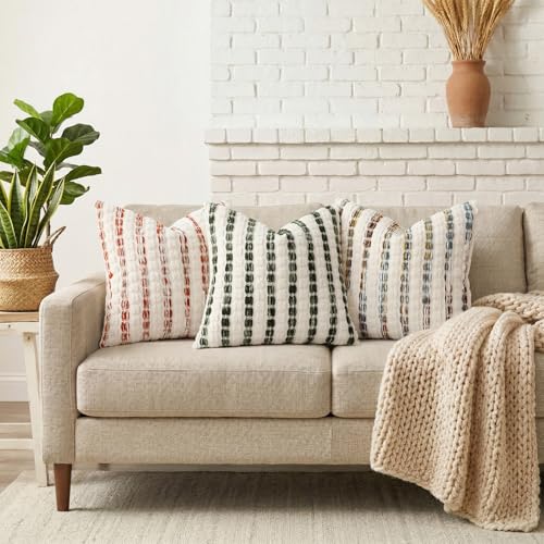 decorUhome Boho Throw Pillow Cover 18x18 inch, Soft Textured Decorative Pillow Cover with Tufted Striped Design for Couch, Sofa, Living Room, Orange