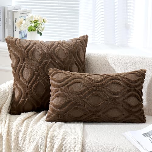 MIULEE Dark Brown Throw Pillow Covers 18x18 Inch, Soft Winter Plush Faux Wool Couch Pillow Covers Set of 2 Decorative Farmhouse Boho Throw Pillows for Sofa Living Room Bed - color: Dark Brown, size: 18" x 18" (Pack of 2)