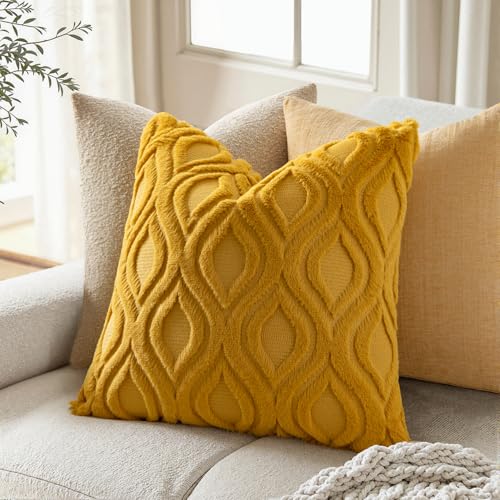 MIULEE Summer Mustard Yellow Throw Pillow Covers 18x18 Inch, Soft Plush Faux Wool Solid Couch Pillows Set of 2, Decorative Farmhouse Boho Cushion Covers for Sofa Living Room Bed Home Decor - color: Mustard Yellow, size: 18" x 18" (Pack of 2)