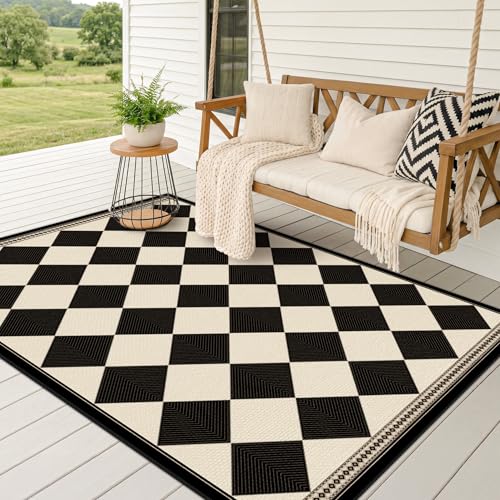 Black and White Diamond 4x6 Easy Jute Area Rug for Porch Patio, Washable Checkered Outdoor Indoor Doormat, Non-Slip Low-Pile Geometric Front Porch Rug, Farmhouse Boho Entryway Carpet for Kitchen - color: Black White, size: 4' x 6' (Rectangular)