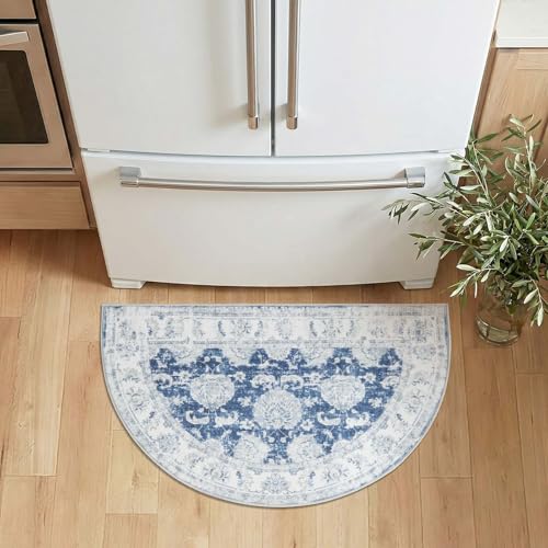 jinchan Fiora Washable Small Area Rug, 2x3 Half Circle Floral Entryway Rug, Low Pile Half Moon Doormat Soft Non Slip Dirt Trapping Carpet for High Traffic Kitchen Bathroom Vanity, Distressed Dark Blue - color: Distressed Dark Blue, size: 1'9" x 3' (Semici