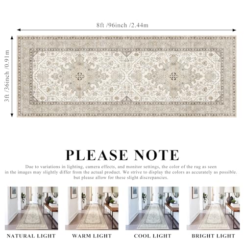 3x8 Runner Rug Kitchen - Hallway Non Slip Washable Oriental Runners Soft Indoor Neutral Carpet for Entry Bedroom Farmhouse Low Pile Stain Resistant Hall Rugs Long Thin Front Door Mat - 3x8 Ivory - color: Ivory, size: 3' x 8' (Rectangular)