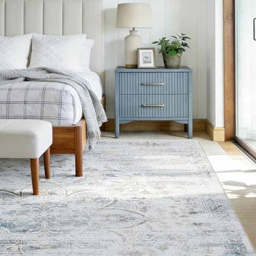 5'x7' Rugs for Living Room Bedroom, Washable Area Rugs, Pet & Kid Friendly Low Pile Carpet, Non-Shedding Non-Slip TPE Backing, Vintage Distressed Print Floor Mat for Bedroom Dining Room, Blue - color: Blue, size: 5x7