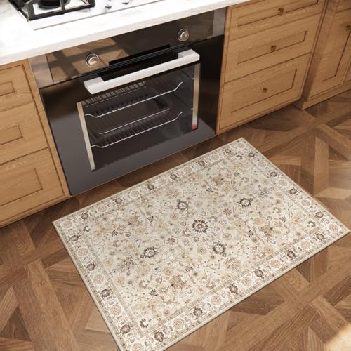Machine Washable Entryway Small Area Rugs: Soft Non-Slip Low Pile Door Mat Indoor Entrance 2x3 ThrowRug for High-Traffic Areas Kitchen, Hallway, Farmhouse Decor - color: Beige/Khaki/Multi, size: 2'x3'