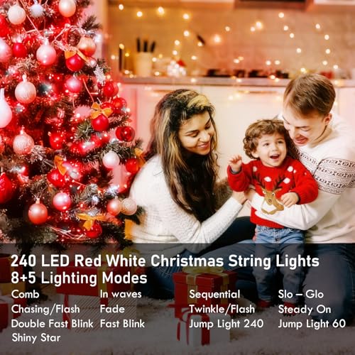 88FT 240LED Extra-Long Connectable String Lights Indoor Outdoor Clear Wire, Red&White Christmas String Lights, Plug in Twinkle Fairy Light with Timer for Wedding Patio Tree Yard Christmas Decorations - color: Red&White, size: 240LED