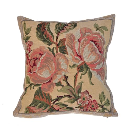 Vintage Floral Tapestry Pillow Cover | Elegant Rose Pattern Decorative Square Cushion Case | European Inspired Throw Pillow Sham for Couch Bed Sofa Decor - 18x18 Inch (Peonies in Pink and Beige) - color: Peonies in Pink and Beige