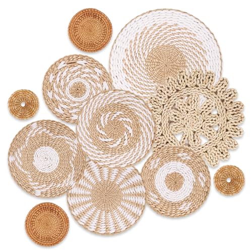 Boho Wall Basket Decor Set of 11 - Hanging Woven Bulrush Basket Wall Decor, Handcrafted Round Flat Baskets Wall Art, for Rustic Farmhouse、Home - Unique Rattan Wicker Wall Decor（White Retro） - style: White Retro