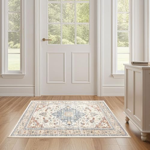 2x3 Rug Small Area Rugs: Washable Boho Neutral Vintage Soft Indoor Floor Oriental Carpet Farmhouse Distressed Low Pile Non Slip Throw Carpet for Kitchen Entryway Bedroom Nursery Entry- Beige Blue - color: Beige Blue, size: 2' x 3' (Rectangular)
