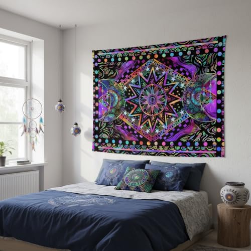 Blacklight Sun and Moon Tapestry Glow in The Dark Neon Hippie Bohemian Tapestries for Bedroom Aesthetic UV Reactive Purple Celestial Tie Dye Tapestry Wall Hanging for Living Room Dorm (40'' × 30'') - color: Purple, size: 40"L x 30"W