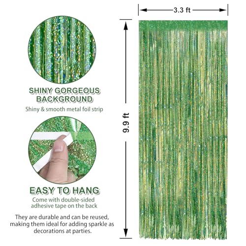 Crosize 2 Pack 3.3 x 9.9 ft Laser Green Foil Fringe Curtains Party Decorations, Laser Green Tinsel Curtain Backdrop for Parties, Door Streamers, Glitter Streamer Backdrop for Birthday Decoration - color: Laser Grass Green, size: 2 Pack