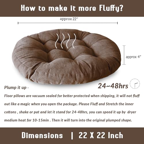 Sexysamba Round Floor Seat Pillows Cushions 22" x 22", Soft Thicken Yoga Meditation Cushion Pouf Tufted Corduroy Tatami Floor Pillow Reading Cushion Chair Pad Casual Seating for Adults & Kids, Coffee