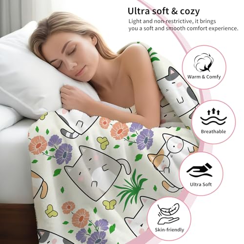 Throw Blanket for Couch, 300GSM Warm Soft Cozy Flannel Blanket, Cute Blanket for All Seasons Bedroom Home Decor Gifts, Cute Flower Cats 50x60 Inches - color: Cute Flower Cats