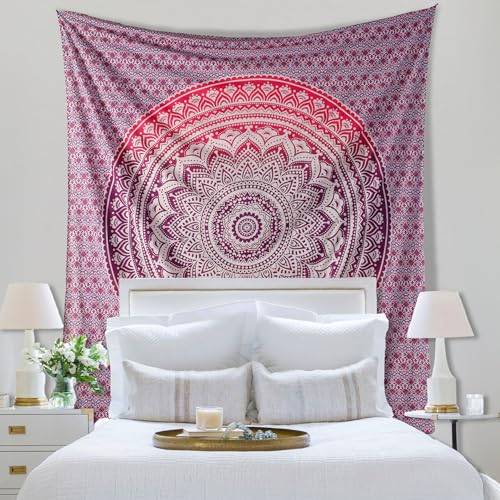 THE ART BOX Pink Purple Cotton Tapestry Mandala Wall Hanging – Tapestry for Bedroom – Boho Room Decor – Small Aesthetic Tapestry 54x60 Inches - color: Pink and White, size: 54"L x 60"W