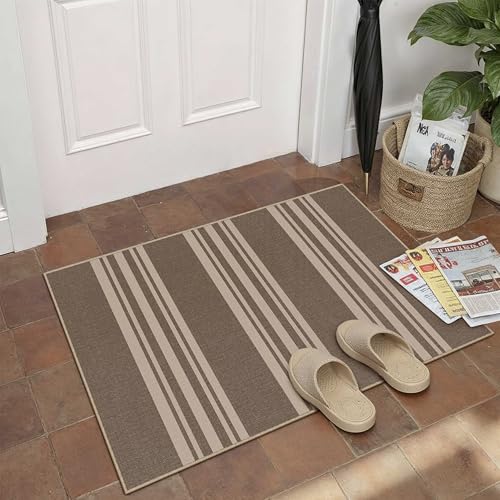 PureCozy Striped Easy Jute Rug 2x3 Brown Entryway Carpet Washable Non Slip Door Mat Farmhouse Neutral Non Shedding Entry Small Indoor Outdoor Rug for Kitchen Bedroom Mudroom Bathroom - color: Brown/Striped, size: 2' x 3' (Rectangular)