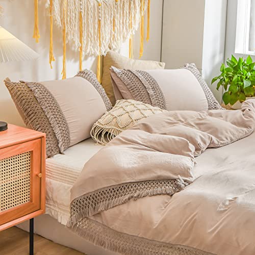 Taupe Pillowcases, Khaki Macrame Tassel Pillow Cases Set of 2, Soft Washed Microfiber, Taupe Decor Tassel Boho Pillow Cover, 2 Pack (King, Taupe Tassel) - color: Taupe Tassel, size: King, 20" x 40" (Pack of 2)