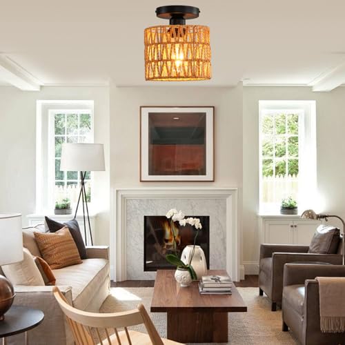 Ceiling Light Fixture,Hand-Woven Rattan Flush Mount Ceiling Light,Farmhouse Light Fixtures Ceiling Mount Boho for Hallway Bedroom Kitchen Entryway Living Room - color: 1 Pack Brown